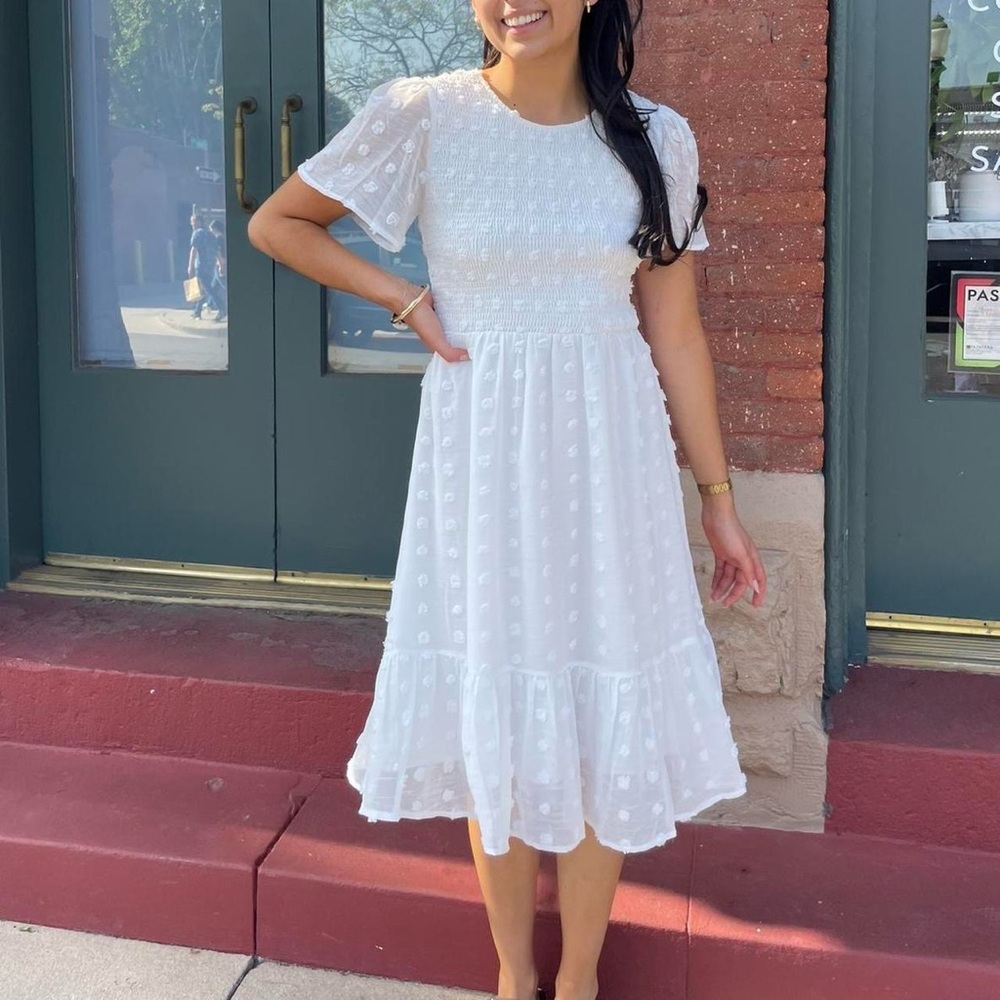Bohemian White midi dress with polka dots and ruffle details sz M
